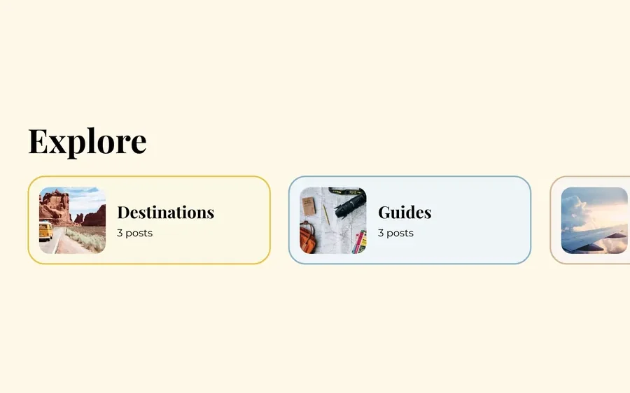 The homepage Explore row with topic cards in their tag colours