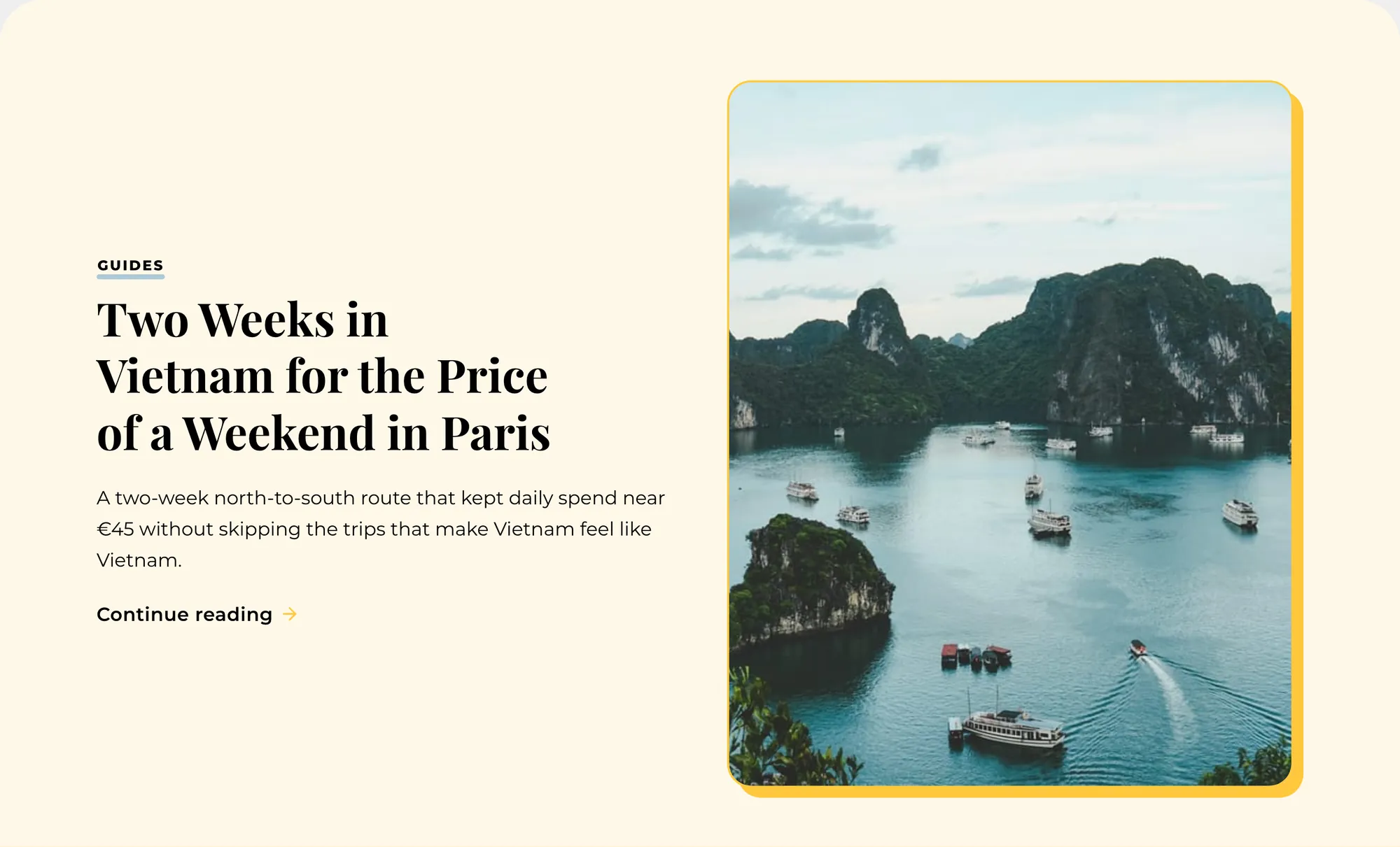 A featured post banner with a photo in a yellow frame