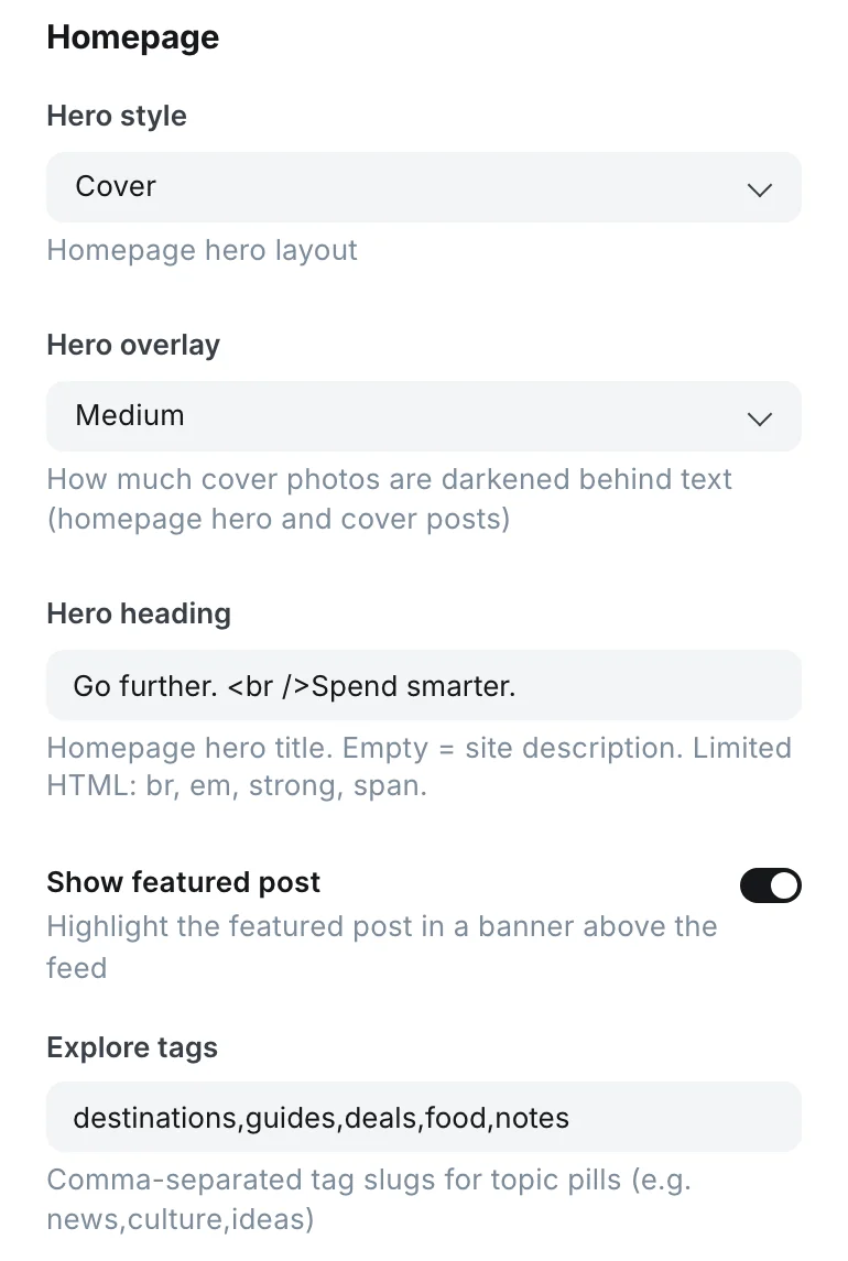 The Homepage group of Stretch's settings in Ghost Admin