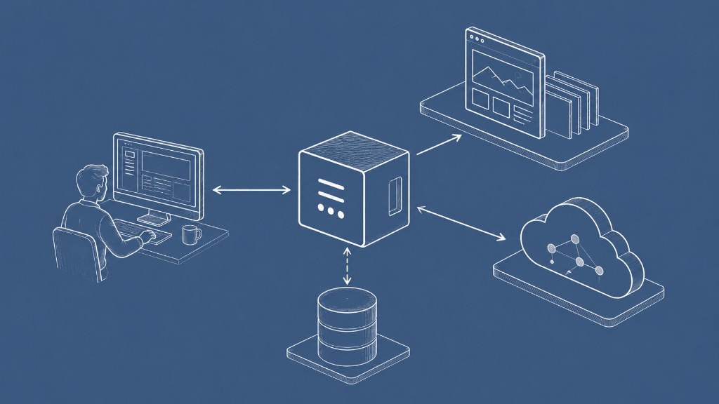 Isometric diagram of Ghost as central hub connecting developer, database, cloud, and static front end