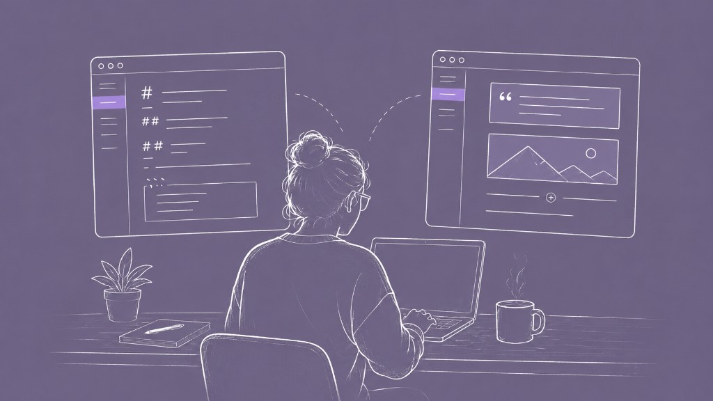 Writer at a desk with markdown editor on one side and rich block editor on the other