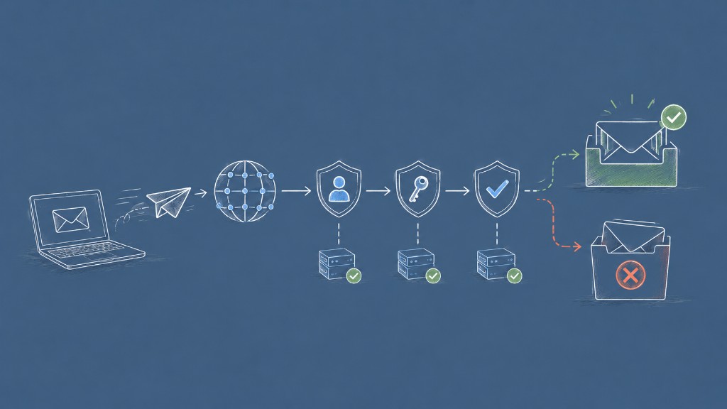 Email journey from laptop through SPF DKIM verification shields to inbox or spam folder