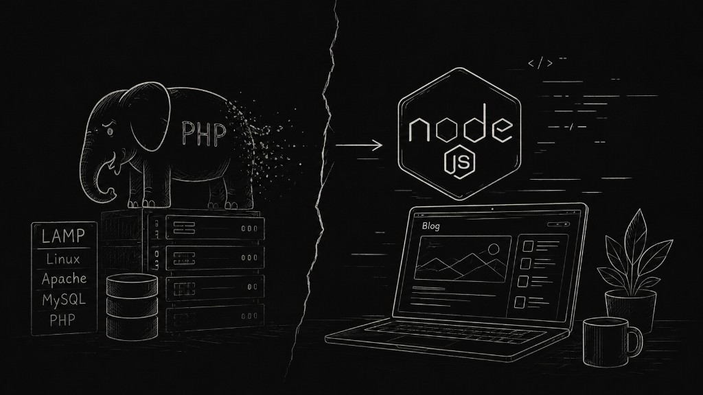 Illustration of PHP and LAMP stack giving way to Node.js powering a modern blog
