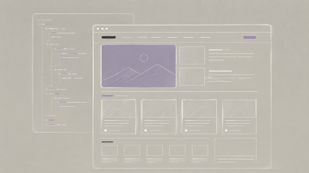 Wireframe browser layout beside YAML config window representing theme routing