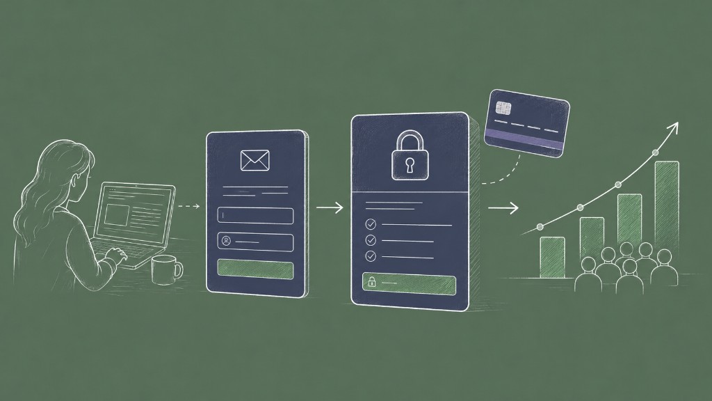Creator at laptop flowing through signup, secure checkout, and growing subscriber chart