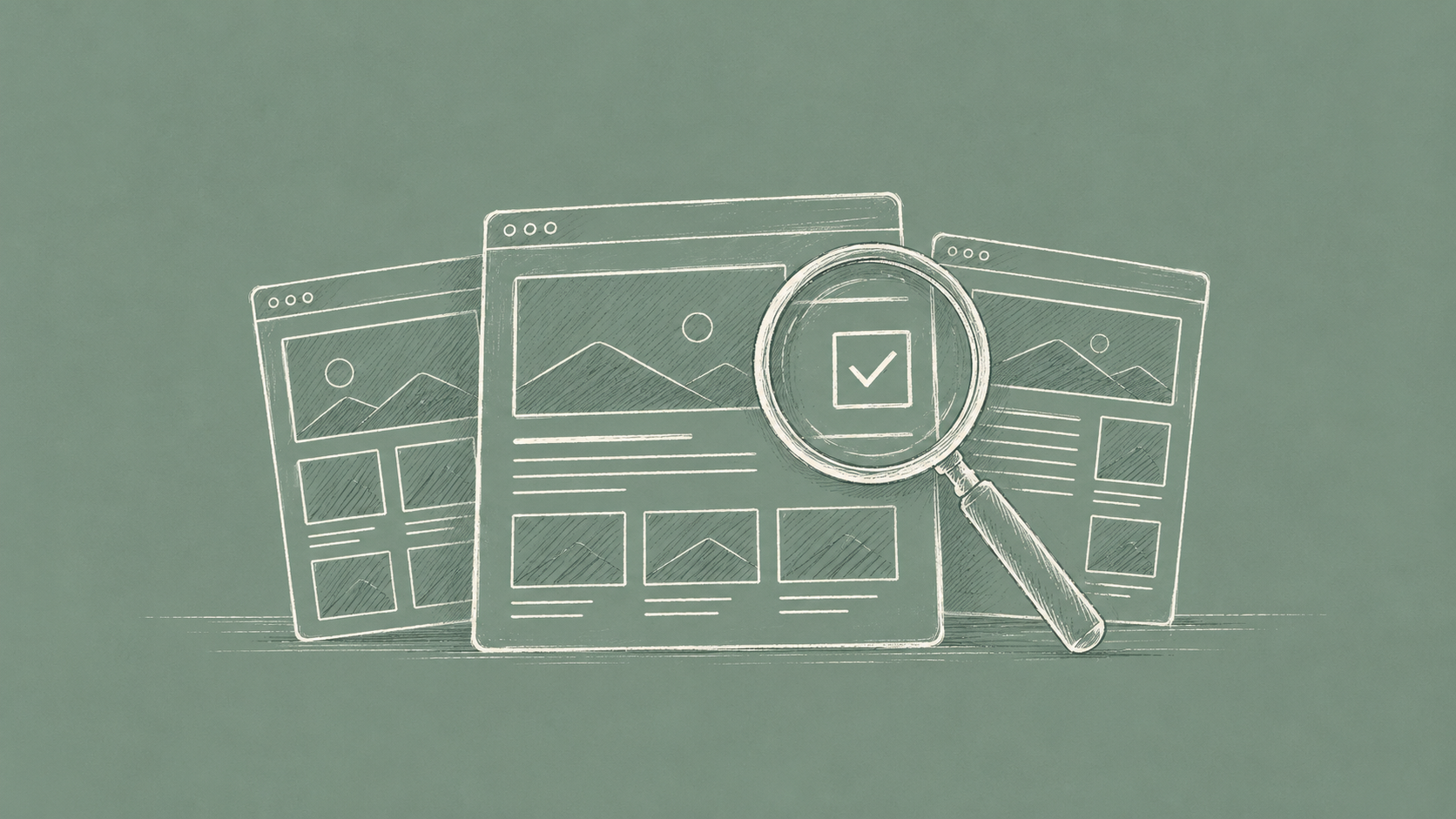 Hand-drawn theme layouts under a magnifying glass on a muted sage background.