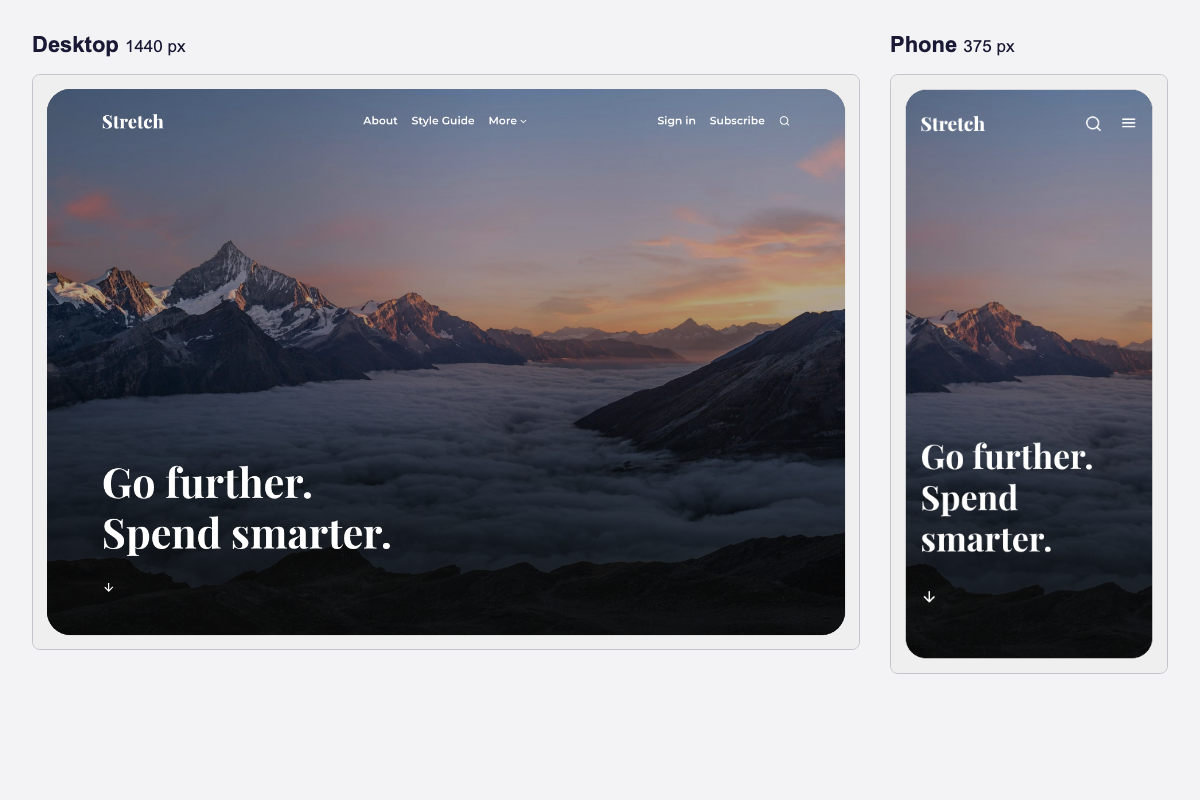 The same Stretch homepage at desktop and phone widths