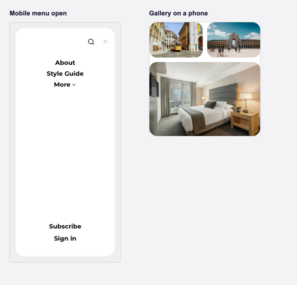 Stretch mobile navigation open beside a gallery fitted to the phone screen