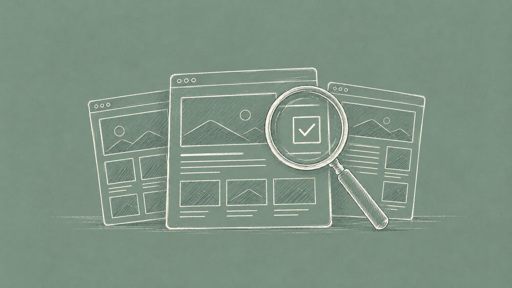 Hand-drawn theme layouts under a magnifying glass on a muted sage background.