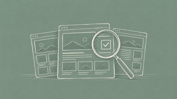 Hand-drawn theme layouts under a magnifying glass on a muted sage background.