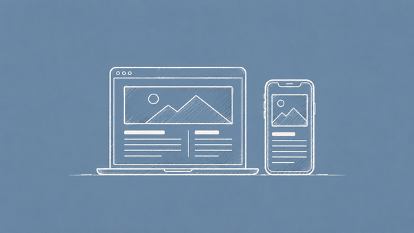 Hand-drawn desktop and phone showing an adapting page layout on a dusty blue background.