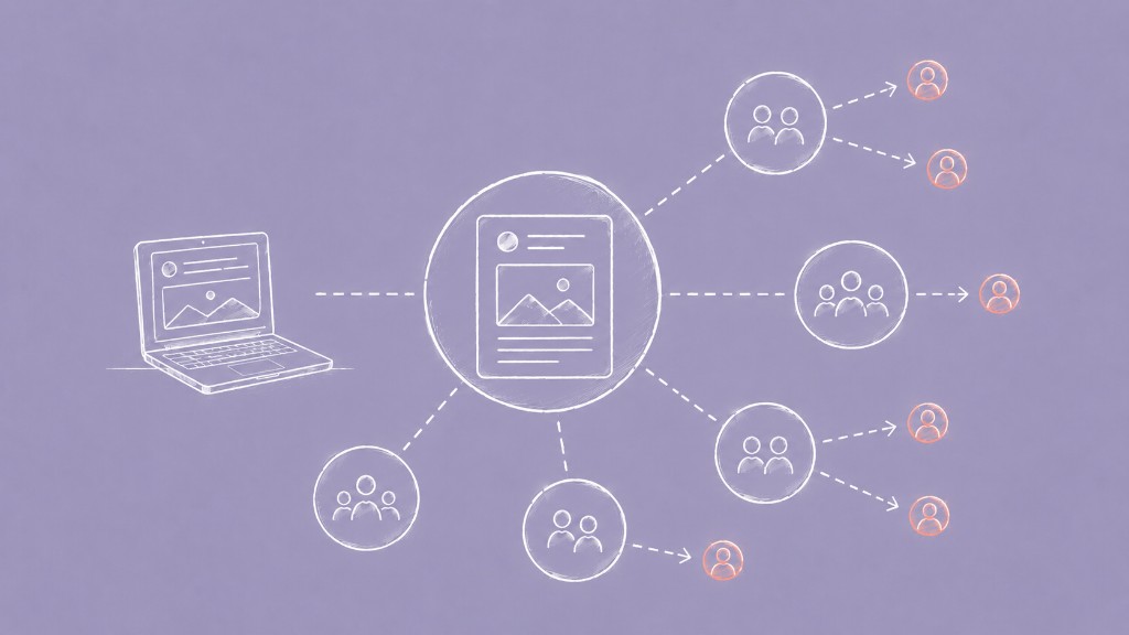 Blog post radiating from central hub to audience groups across a social network