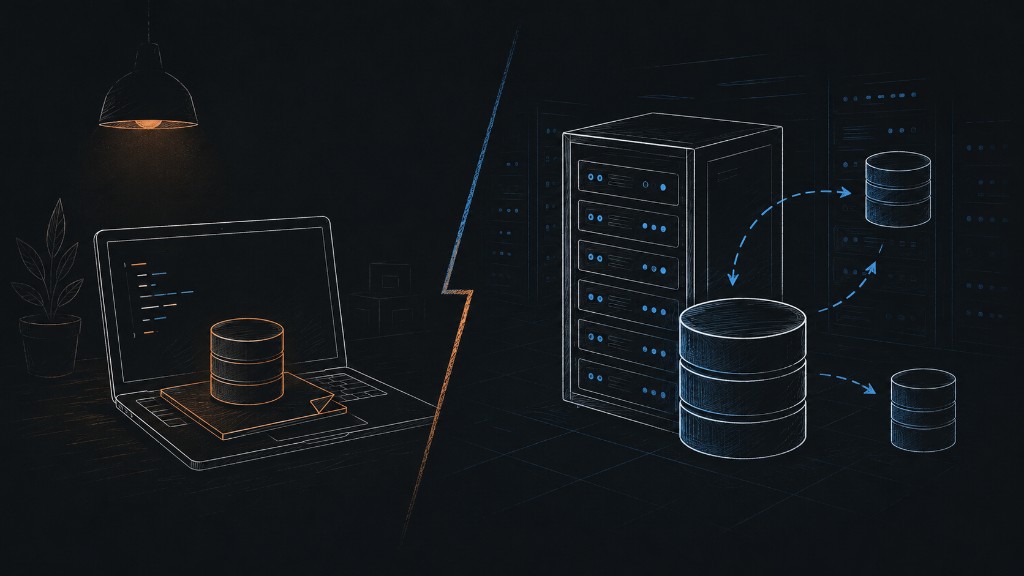 Split illustration of laptop with local database versus server rack with MySQL databases