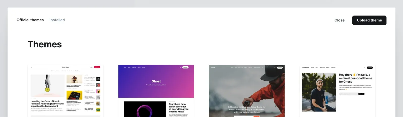 Settings → Design & branding → Customize → Change theme. The Upload theme button is top right.