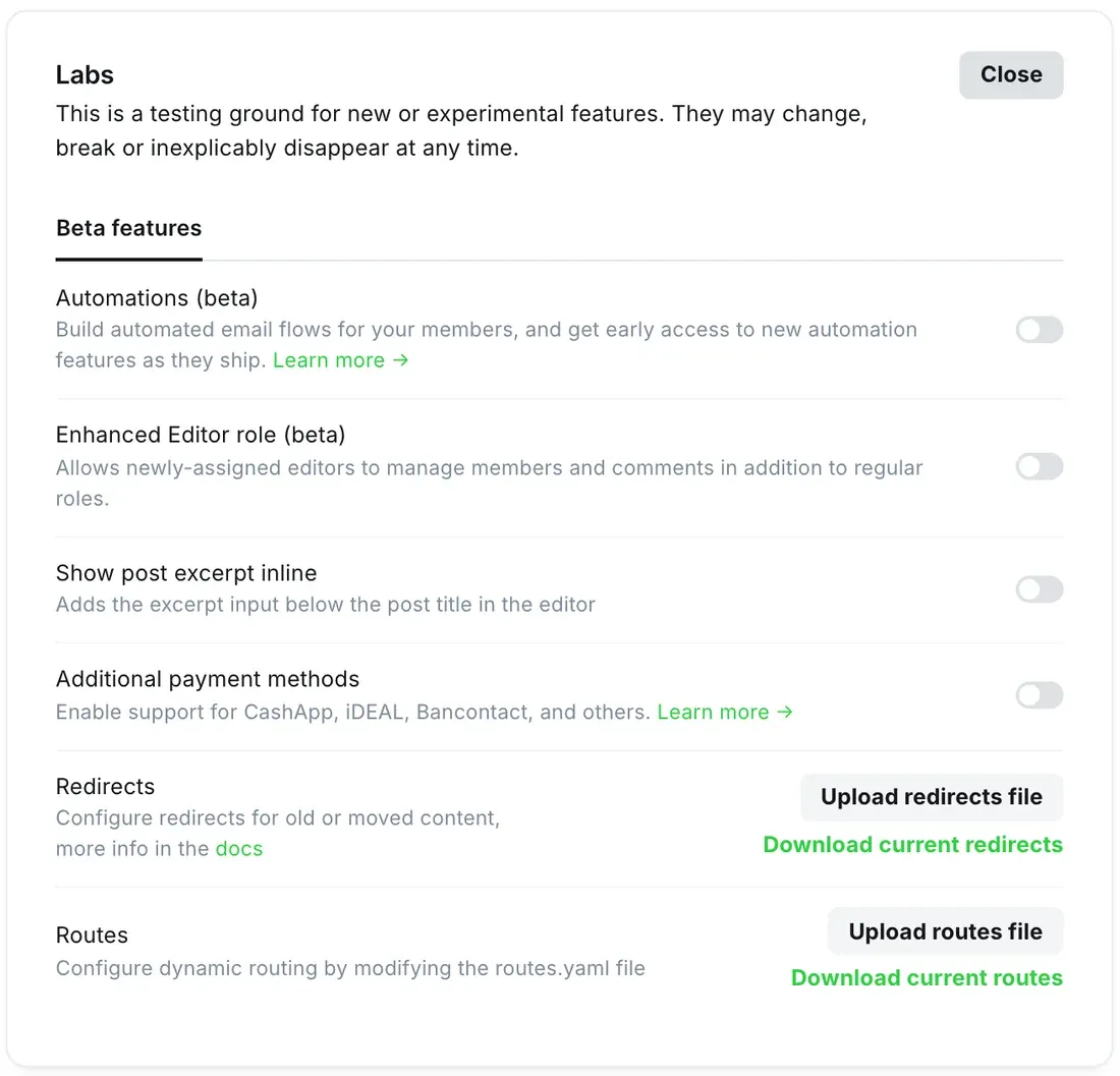 Settings → Labs → Open. The Routes row is at the bottom.