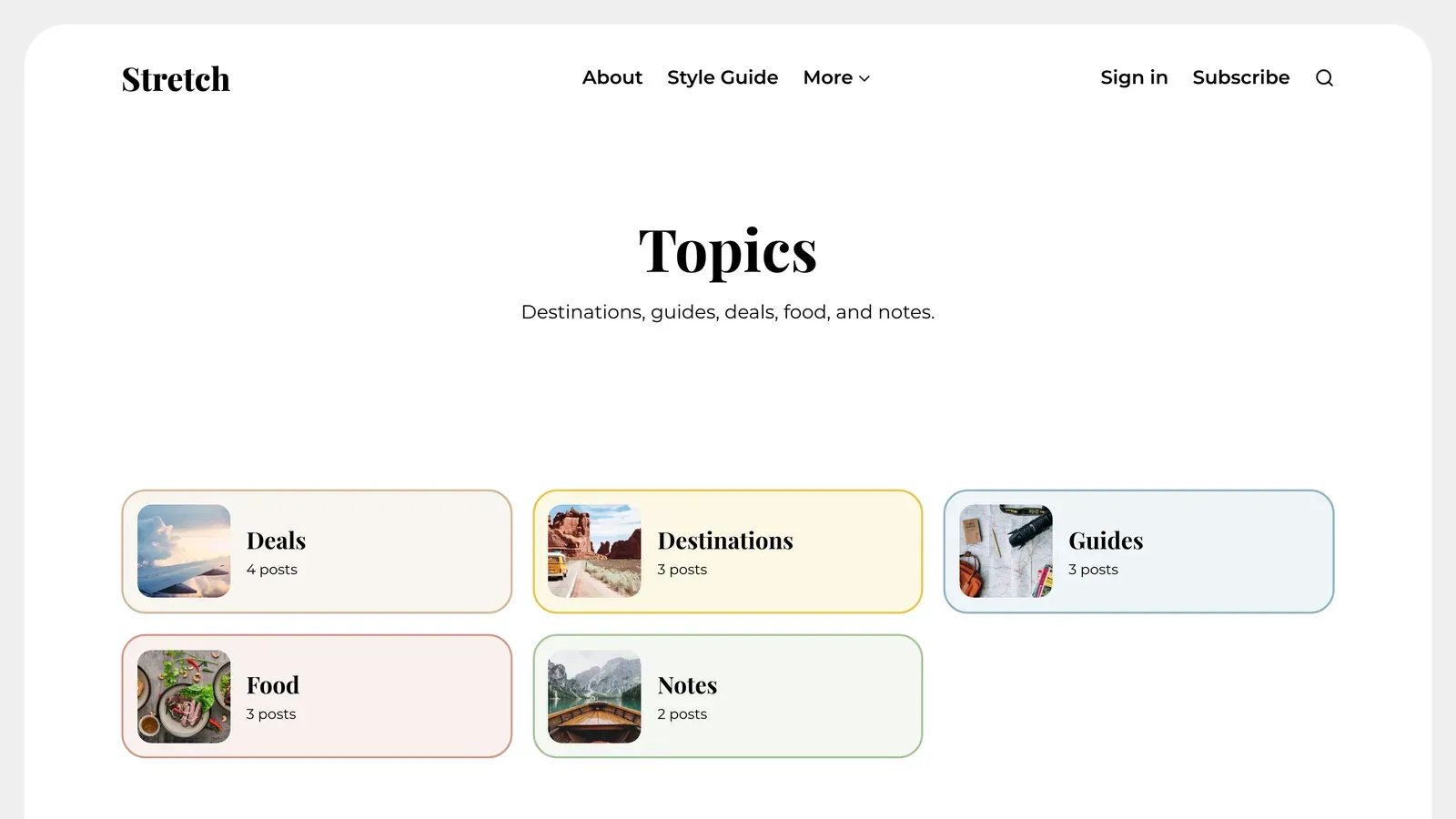 The Topics page, using each tag's colour and image.