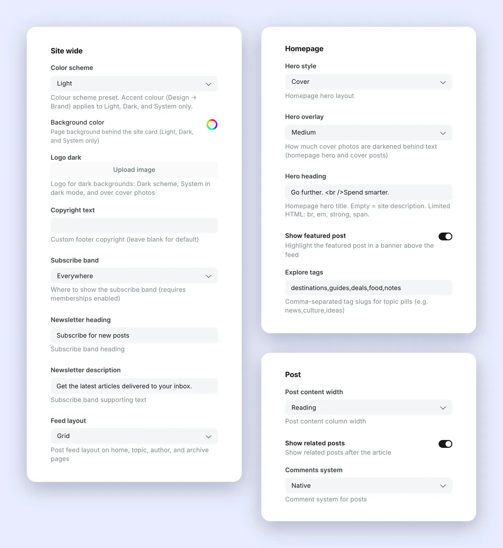 The Theme tab in Ghost Admin, with the Site wide, Homepage and Post groups.